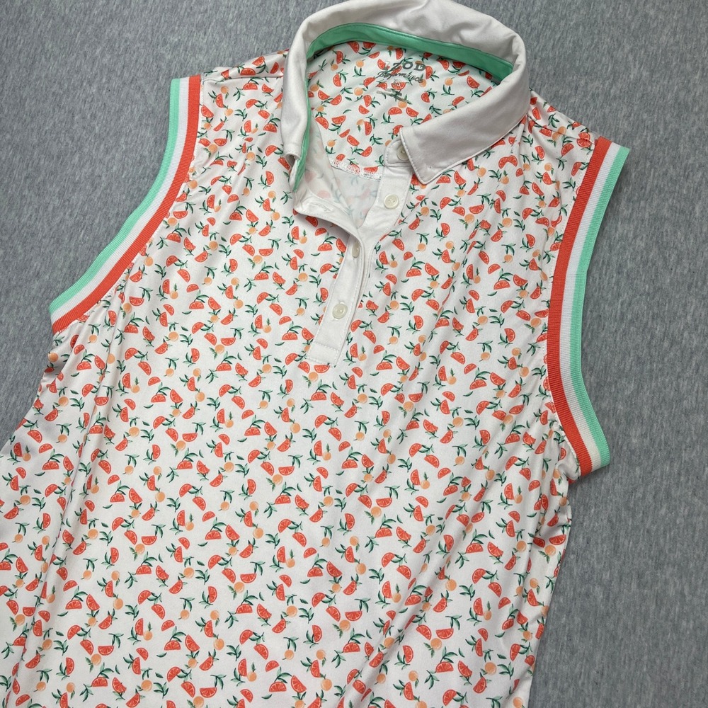 IZOD Performance Womens Sleeveless Golf Polo XS Orange Citrus Print White Top
